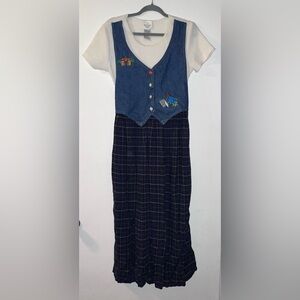 Vintage 90s JR Bentley Denim Plaid Maxi Dress Tie Back L Teacher Cottagecore